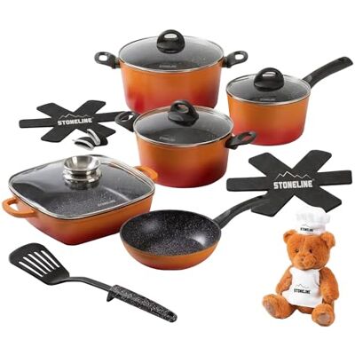 STONELINE Kochgeschirr Set 15-teilig 18/20/24 cm Pfannen und Töpfe Set mit Deckel, Topfset Induktion Antihaft Beschichtet mit echten Steinpartikeln, Alle Herdarten, Farbe: Orange STONELINE Kochgeschirr Set 15-teilig 18/20/24 cm Pfannen und Töpfe Set mit Deckel, Topfset Induktion Antihaft Beschichtet mit echten Steinpartikeln, Alle Herdarten, Farbe: Orange