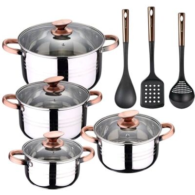Bergner 8-teiliges Kochgeschirr-Set aus Edelstahl, induktionsgeeignet, Kollektion San Ignacio Premium + Copper 3-teiliges Küchenutensilien-Set aus PBT Schwarz und Kupfer Bergner 8-teiliges Kochgeschirr-Set aus Edelstahl, induktionsgeeignet, Kollektion San Ignacio Premium + Copper 3-teiliges Küchenutensilien-Set aus PBT Schwarz und Kupfer