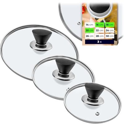 KADAX 3er Set Glasdeckel, Topfdeckel für Topf und Pfanne 16/18/20 cm, hitzebeständig, Universaldeckel mit schwarzmattem Griff, Sichtkochen und vielseitiger Einsatz in der Küche KADAX 3er Set Glasdeckel, Topfdeckel für Topf und Pfanne 16/18/20 cm, hitzebeständig, Universaldeckel mit schwarzmattem Griff, Sichtkochen und vielseitiger Einsatz in der Küche