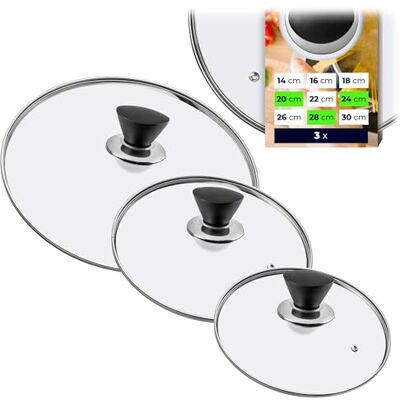 KADAX 3er Set Glas-Universaldeckel für Topf und Pfanne Ø20/24/28 cm, hitzebeständig, mit matt schwarzem Griff, verhindert Spritzer und ermöglicht Sichtkochen KADAX 3er Set Glas-Universaldeckel für Topf und Pfanne Ø20/24/28 cm, hitzebeständig, mit matt schwarzem Griff, verhindert Spritzer und ermöglicht Sichtkochen