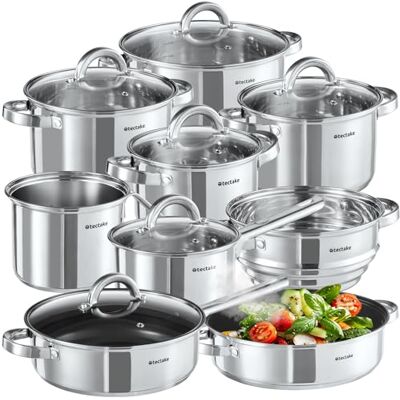 tectake ® 15-tlg. Topfset, Edelstahl Kochgeschirr, Bratpfanne und Töpfe Set mit Deckel, Kochtopf Set für Induktionskochfeld, Gas- und Elektroherd geeignet, Topfsets für Camping und Wohnung, Küchensets tectake ® 15-tlg. Topfset, Edelstahl Kochgeschirr, Bratpfanne und Töpfe Set mit Deckel, Kochtopf Set für Induktionskochfeld, Gas- und Elektroherd geeignet, Topfsets für Camping und Wohnung, Küchensets
