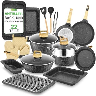 NutriChef Pfanne & Topfset Schwarz Marmor – 22-teiliges Antihaft-Kochgeschirr Marmoroptik Pfannenset mit Grillzange Küchenutensilien Backform und Ofenhandschuhen Induktion geeignet spülmaschinenfest NutriChef Pfanne & Topfset Schwarz Marmor – 22-teiliges Antihaft-Kochgeschirr Marmoroptik Pfannenset mit Grillzange Küchenutensilien Backform und Ofenhandschuhen Induktion geeignet spülmaschinenfest
