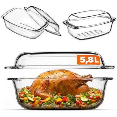 KADAX Glasbräter, Auflaufform mit Deckel aus hitzebeständigem Glas, feuerfestes Gefäß für Lasagne, Gemüseeintopf, Glasbräter zum Braten im Backofen (Rechteckig 5.8L) KADAX Glasbräter, Auflaufform mit Deckel aus hitzebeständigem Glas, feuerfestes Gefäß für Lasagne, Gemüseeintopf, Glasbräter zum Braten im Backofen (Rechteckig 5.8L)