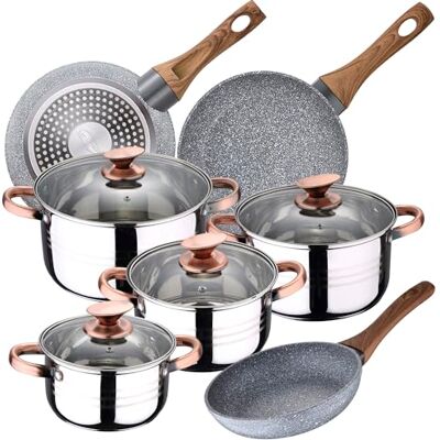 San Ignacio Küchenbatterie 8 Stück Premium Nona, Edelstahl, mit Pfanne Set (22/24/26 cm) Daimiel aus geschmiedetem Aluminium San Ignacio Küchenbatterie 8 Stück Premium Nona, Edelstahl, mit Pfanne Set (22/24/26 cm) Daimiel aus geschmiedetem Aluminium