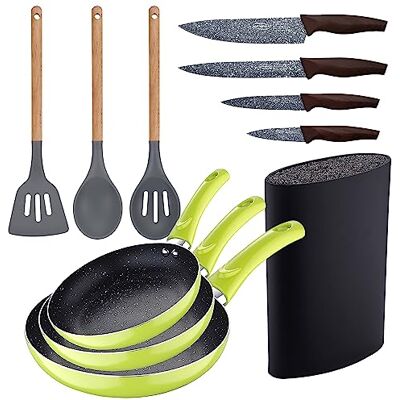 San Ignacio 3-teiliges Pfannen-Set (20 + 24 + 28 cm) grun gepresstes Aluminium mit 3 Stuck Kuchenutensilien Silikon Holz mit 4 Messern Edelstahl mit Tacom San Ignacio 3-teiliges Pfannen-Set (20 + 24 + 28 cm) grun gepresstes Aluminium mit 3 Stuck Kuchenutensilien Silikon Holz mit 4 Messern Edelstahl mit Tacom