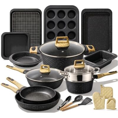 NutriChef Pfanne & Topfset Schwarz Marmor – 22-teiliges Antihaft-Kochgeschirr Marmoroptik Pfannenset mit Grillzange Küchenutensilien Backform und Ofenhandschuhen Induktion geeignet spülmaschinenfest NutriChef Pfanne & Topfset Schwarz Marmor – 22-teiliges Antihaft-Kochgeschirr Marmoroptik Pfannenset mit Grillzange Küchenutensilien Backform und Ofenhandschuhen Induktion geeignet spülmaschinenfest