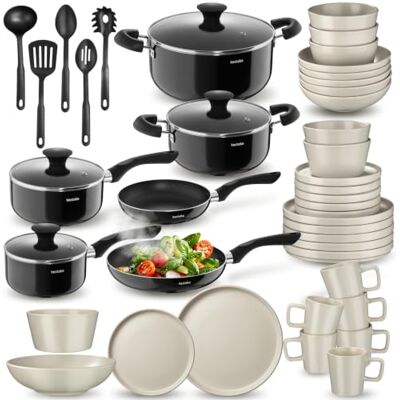 tectake ® Küchenstarterset 6 Personen, Steingut Geschirr Set, Teller, 4 Töpfe 2 Pfannen rostfreies Aluminium, Kochtopf Set, Töpfe Set, kratzfest, inkl. 5 Küchenwerkzeuge schwarz/taupe, 45-tlg. 30-teiliges Steingutset stapelbar, Spiralböden für Wärmevert tectake ® Küchenstarterset 6 Personen, Steingut Geschirr Set, Teller, 4 Töpfe 2 Pfannen rostfreies Aluminium, Kochtopf Set, Töpfe Set, kratzfest, inkl. 5 Küchenwerkzeuge schwarz/taupe, 45-tlg. 30-teiliges Steingutset stapelbar, Spiralböden für Wärmevert