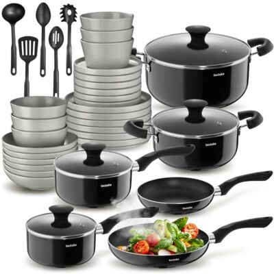 tectake ® Küchenstarterset 6 Personen, Steingut Geschirr Set, Teller, 4 Töpfe 2 Pfannen rostfreies Aluminium, Kochtopf Set, Töpfe Set, kratzfest, inkl. 5 Küchenwerkzeuge grau/schwarz, 39-tlg 4 Töpfe und 2 Pfannen Aluminium, hitzebeständig, kratzfest, le tectake ® Küchenstarterset 6 Personen, Steingut Geschirr Set, Teller, 4 Töpfe 2 Pfannen rostfreies Aluminium, Kochtopf Set, Töpfe Set, kratzfest, inkl. 5 Küchenwerkzeuge grau/schwarz, 39-tlg 4 Töpfe und 2 Pfannen Aluminium, hitzebeständig, kratzfest, le