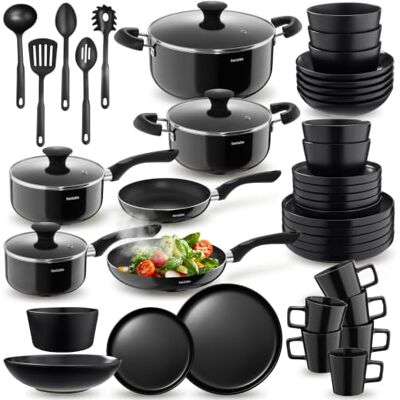 tectake ® Küchenstarterset 6 Personen, Steingut Geschirr Set, Teller, 4 Töpfe 2 Pfannen rostfreies Aluminium, Kochtopf Set, Töpfe Set, kratzfest, leichte Reinigung, 5 Küchenwerkzeuge schwarz, 45-tlg tectake ® Küchenstarterset 6 Personen, Steingut Geschirr Set, Teller, 4 Töpfe 2 Pfannen rostfreies Aluminium, Kochtopf Set, Töpfe Set, kratzfest, leichte Reinigung, 5 Küchenwerkzeuge schwarz, 45-tlg