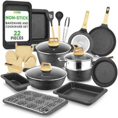 NutriChef Pfanne & Topfset Schwarz Marmor – 22-teiliges Antihaft-Kochgeschirr Marmoroptik Pfannenset mit Grillzange Küchenutensilien Backform und Ofenhandschuhen Induktion geeignet spülmaschinenfest NutriChef Pfanne & Topfset Schwarz Marmor – 22-teiliges Antihaft-Kochgeschirr Marmoroptik Pfannenset mit Grillzange Küchenutensilien Backform und Ofenhandschuhen Induktion geeignet spülmaschinenfest