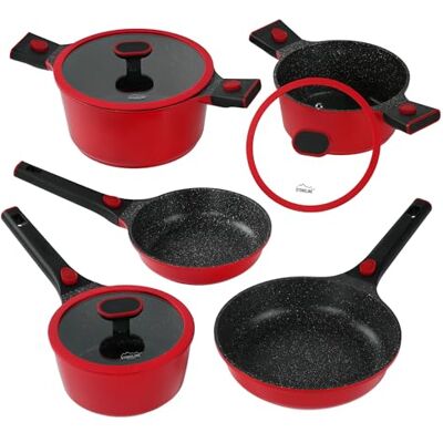 STONELINE SMART Pfannen Töpfe Set 8-teilig ☆ REDESIGN 25/26 ☆ Aluguss Topfset mit Deckel, Abnehmbarer Griff, Kochtopf Pfanne Induktion, Alle Herdarten, Antihaftbeschichtet Echte Steinpartikel, Rot STONELINE SMART Pfannen Töpfe Set 8-teilig ☆ REDESIGN 25/26 ☆ Aluguss Topfset mit Deckel, Abnehmbarer Griff, Kochtopf Pfanne Induktion, Alle Herdarten, Antihaftbeschichtet Echte Steinpartikel, Rot