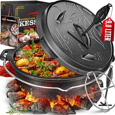 KESSER ® Dutch Oven Set BBQ 9 Liter, Feuertopf Schmortopf mit Edelstahluntersetzer, Gusseisen Topf mit Deckelheber Henkel und Schlitz für Themormeter, kochkessel Grilltopf für Oudoor & Indoor KESSER ® Dutch Oven Set BBQ 9 Liter, Feuertopf Schmortopf mit Edelstahluntersetzer, Gusseisen Topf mit Deckelheber Henkel und Schlitz für Themormeter, kochkessel Grilltopf für Oudoor & Indoor