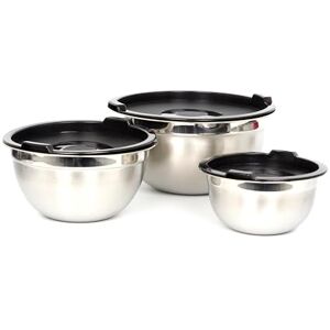Birambeau , Set mit 3 Edelstahlschüsseln mit Deckel, stapelbare Servierschalen, silber und schwarz Birambeau , Set mit 3 Edelstahlschüsseln mit Deckel, stapelbare Servierschalen, silber und schwarz