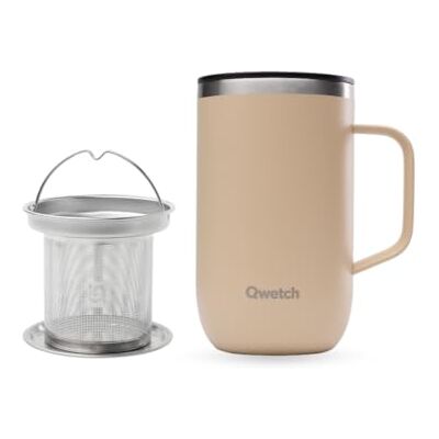 QWETCH – Isolier-Tasse aus recyceltem Edelstahl mit Henkel & Leinen-Filtereinsatz – Isolier-Teekanne 470ml – Thermo für Kaffee & Tee – 6h warm & 12h kalt – Schiebedeckel gegen Spritzen QWETCH – Isolier-Tasse aus recyceltem Edelstahl mit Henkel & Leinen-Filtereinsatz – Isolier-Teekanne 470ml – Thermo für Kaffee & Tee – 6h warm & 12h kalt – Schiebedeckel gegen Spritzen