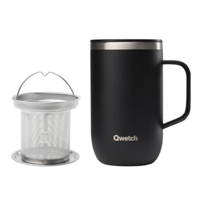QWETCH – Thermobecher 470ml mit Henkel & Teesieb Schwarz – Isolierbecher für Kaffee & Tee – Edelstahl gebürstet, 6h Heiß, 12h Kalt – Schiebedeckel, Wiederverwendbar, Teebecher to go QWETCH – Thermobecher 470ml mit Henkel & Teesieb Schwarz – Isolierbecher für Kaffee & Tee – Edelstahl gebürstet, 6h Heiß, 12h Kalt – Schiebedeckel, Wiederverwendbar, Teebecher to go