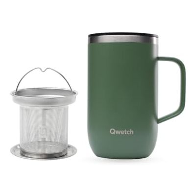 QWETCH – Isolier-Tasse aus recyceltem Edelstahl mit Henkel & Teefilter Kaki – Isolier-Teekanne 470ml – Thermo Kaffee & Tee – 6h warm & 12h kalt – Schiebedeckel gegen Spritzwasser QWETCH – Isolier-Tasse aus recyceltem Edelstahl mit Henkel & Teefilter Kaki – Isolier-Teekanne 470ml – Thermo Kaffee & Tee – 6h warm & 12h kalt – Schiebedeckel gegen Spritzwasser