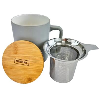 NERTHUS FIH 1568 Keramiktasse 375 ml mit Edelstahl Teesieb und Bambusdeckel elegantes Design ideal für Tee und Aufgüsse NERTHUS FIH 1568 Keramiktasse 375 ml mit Edelstahl Teesieb und Bambusdeckel elegantes Design ideal für Tee und Aufgüsse