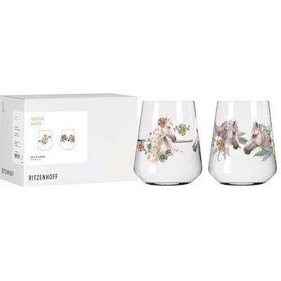 RITZENHOFF 8086001 Wasserglas 2er Set 500 ml, Serie Reitgold 2 Stück Motiv, Pferde floral geschmückt, Made in Germany RITZENHOFF 8086001 Wasserglas 2er Set 500 ml, Serie Reitgold 2 Stück Motiv, Pferde floral geschmückt, Made in Germany