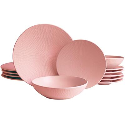 ECHTWERK 18-teiliges Vintage Tafelservice, "Blanka" Nature-Design, für 6 Personen, Stilvolles Geschirrset mit Struktur aus Steingut mit 6 x Speiseteller, 6 x Beilagenteller, 6 x Suppenteller, Rosa ECHTWERK 18-teiliges Vintage Tafelservice, "Blanka" Nature-Design, für 6 Personen, Stilvolles Geschirrset mit Struktur aus Steingut mit 6 x Speiseteller, 6 x Beilagenteller, 6 x Suppenteller, Rosa