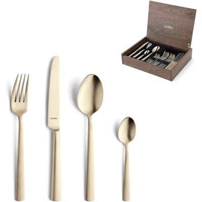 Amefa VENTURA Besteck Set 6 Personen Champagner, 24 teiliges Besteckset Edelstahl 18/10, PVD beschichtet, mattiertes, geradliniges goldenes Essbesteck Set, mit hochwertigem Besteckkasten in Holzoptik Amefa VENTURA Besteck Set 6 Personen Champagner, 24 teiliges Besteckset Edelstahl 18/10, PVD beschichtet, mattiertes, geradliniges goldenes Essbesteck Set, mit hochwertigem Besteckkasten in Holzoptik