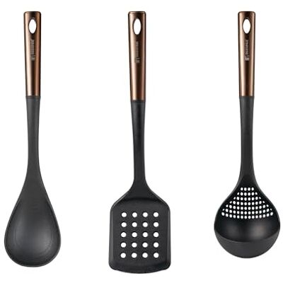 San Ignacio Bergner Copper 3-teiliges Küchenutensilien-Set, geschlitzter Pfannenwender, Löffel und Schöpflöffel aus PBT, Schwarz und Kupfer San Ignacio Bergner Copper 3-teiliges Küchenutensilien-Set, geschlitzter Pfannenwender, Löffel und Schöpflöffel aus PBT, Schwarz und Kupfer