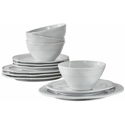 Loberon Geschirr 12er Set Alentejo, weiß Hochwertiges Steinzeug, Handgetöpfert, Dezentes Rillen-Design am Rand Loberon Geschirr 12er Set Alentejo, weiß Hochwertiges Steinzeug, Handgetöpfert, Dezentes Rillen-Design am Rand