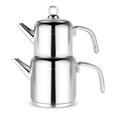 KARACA New Mani Edelstahl Türkische Teekanne Set, Wasserkocher 2 Liter & Teekanne 1 Liter (Caydanlik), Kapselboden für Induktion geeignet, Wärmeresistente Griffe Çaydanlık KARACA New Mani Edelstahl Türkische Teekanne Set, Wasserkocher 2 Liter & Teekanne 1 Liter (Caydanlik), Kapselboden für Induktion geeignet, Wärmeresistente Griffe Çaydanlık