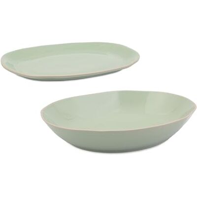 Jamie Oliver Big Love Servier-Set mit Platte und Schüssel, Steingut, rund, grün, tief, organisch geformte Servierschüssel, spülmaschinenfest, ofenfest Jamie Oliver Big Love Servier-Set mit Platte und Schüssel, Steingut, rund, grün, tief, organisch geformte Servierschüssel, spülmaschinenfest, ofenfest