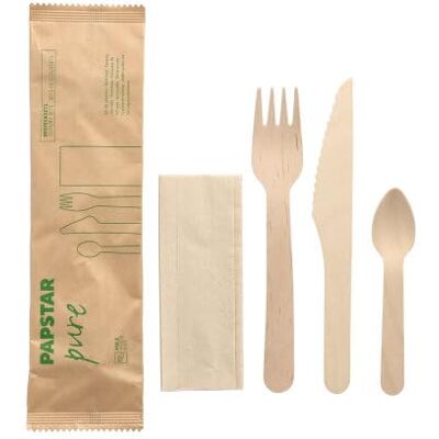 PAPSTAR 500 Bestecksets Holz "pure" : Messer, Gabel, Kaffeelöffel, Serviette in Papierbeutel PAPSTAR 500 Bestecksets Holz "pure" : Messer, Gabel, Kaffeelöffel, Serviette in Papierbeutel