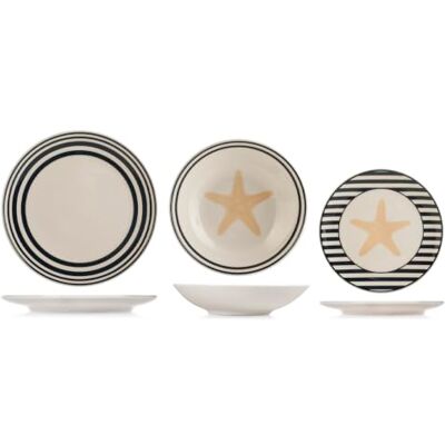 H&H Calypso Tafelservice 18-teilig aus dekoriertem Stoneware, Komplettes Geschirrset für 6 Personen, Coastal-Design mit Seestern und blauen Streifen H&H Calypso Tafelservice 18-teilig aus dekoriertem Stoneware, Komplettes Geschirrset für 6 Personen, Coastal-Design mit Seestern und blauen Streifen