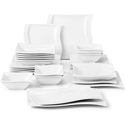 MALACASA Flora Geschirrset eckig 6 Personen 26-tlg Porzellan Teller Set Kombiservice mit je 6 Essteller, Kuchenteller, Suppenteller, Müslischalen & 2 Rechteckig Servierplatten, Weiß MALACASA Flora Geschirrset eckig 6 Personen 26-tlg Porzellan Teller Set Kombiservice mit je 6 Essteller, Kuchenteller, Suppenteller, Müslischalen & 2 Rechteckig Servierplatten, Weiß