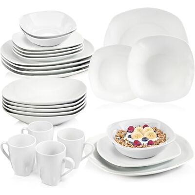 Sänger Geschirrservice Bilgola in Weiß, 30-teiliges Geschirrset 6 Personen Teller, Kaffeebecher & Schalen, Eckiges Design, Teller-Set aus Porzellan, Komplettservice Sänger Geschirrservice Bilgola in Weiß, 30-teiliges Geschirrset 6 Personen Teller, Kaffeebecher & Schalen, Eckiges Design, Teller-Set aus Porzellan, Komplettservice