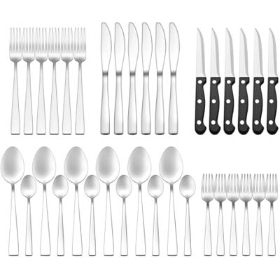 Otto Koning Besteck Set 36-teilig Edelstahl Silber Steakmesser 6 Personen Rostfreier Edelstahl, spülmaschinenfest, Spiegelglanz-Finish, silber mit schwarzen Griffen, für Alltag und Feste Otto Koning Besteck Set 36-teilig Edelstahl Silber Steakmesser 6 Personen Rostfreier Edelstahl, spülmaschinenfest, Spiegelglanz-Finish, silber mit schwarzen Griffen, für Alltag und Feste