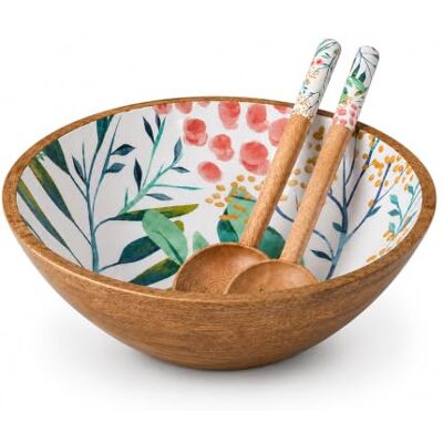 Decorasian Emaillierte Schale aus Mangoholz mit Salatbesteck – Handgemachte Holzschüssel, Boho Deko Obstschale & Salatschale Blumenmuster 25cm Decorasian Emaillierte Schale aus Mangoholz mit Salatbesteck – Handgemachte Holzschüssel, Boho Deko Obstschale & Salatschale Blumenmuster 25cm