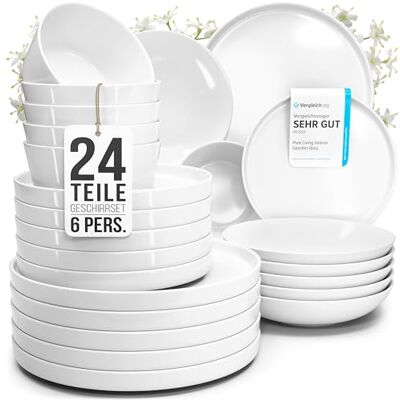 Porzellan Geschirrset 6 Personen Crystal 24 tlg. TESTSIEGER, Cooles klares Porzellan Geschirr Set, Schüssel- und Teller Set, Tafelservice 6 Personen, Geschirrsets Pure Living in weiß Porzellan Geschirrset 6 Personen Crystal 24 tlg. TESTSIEGER, Cooles klares Porzellan Geschirr Set, Schüssel- und Teller Set, Tafelservice 6 Personen, Geschirrsets Pure Living in weiß