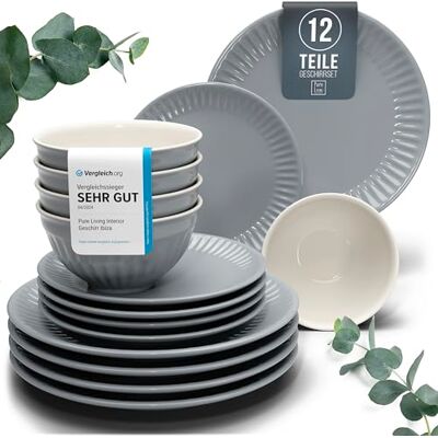 Steingut Geschirrset 4 Personen Hygge 12 tlg. TESTSIEGER, Traumhaftes Skandinavisches Steingut Geschirr Set, Schüssel- und Teller Set, Tafelservice 4 Personen, Geschirrsets Pure Living in Graublau Steingut Geschirrset 4 Personen Hygge 12 tlg. TESTSIEGER, Traumhaftes Skandinavisches Steingut Geschirr Set, Schüssel- und Teller Set, Tafelservice 4 Personen, Geschirrsets Pure Living in Graublau