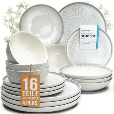 Steingut Geschirrset 4 Personen Ibiza 16 tlg. TESTSIEGER, Traumhaftes Mediterranes Steingut Geschirr Set, Schüssel- und Teller Set, Tafelservice 4 Personen, Geschirrsets Pure Living in Beige Steingut Geschirrset 4 Personen Ibiza 16 tlg. TESTSIEGER, Traumhaftes Mediterranes Steingut Geschirr Set, Schüssel- und Teller Set, Tafelservice 4 Personen, Geschirrsets Pure Living in Beige