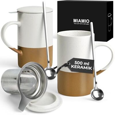 MIAMIO Teetassen mit Teesieb und Deckel, Keramik (2 × 500 ml, Braun) Teebecher aus Steingut, 2er Set Tassen mit Teesieb und Deckel für losen Tee, große Keramiktassen 500 ml spülmaschinenfest MIAMIO Teetassen mit Teesieb und Deckel, Keramik (2 × 500 ml, Braun) Teebecher aus Steingut, 2er Set Tassen mit Teesieb und Deckel für losen Tee, große Keramiktassen 500 ml spülmaschinenfest