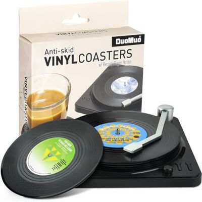 DuoMuo Vinyl Record Coasters Schwarz, Rund, Vinyl, 6er-Set mit Schallplattenspieler-Halter, Musik-Thema, 80er Jahre, Schützt Möbeloberflächen, Lustige Raumdekoration DuoMuo Vinyl Record Coasters Schwarz, Rund, Vinyl, 6er-Set mit Schallplattenspieler-Halter, Musik-Thema, 80er Jahre, Schützt Möbeloberflächen, Lustige Raumdekoration