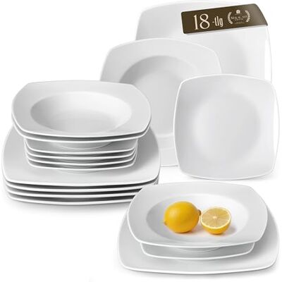 MALACASA , Serie Julia, Teller Set 6 Personen Modern, KLEIN Tafelservice 18 Teilig, Porzellan Geschirrset mit je 6 Speiseteller, 6 Dessertteller, 6 Suppenteller, Grauweiß MALACASA , Serie Julia, Teller Set 6 Personen Modern, KLEIN Tafelservice 18 Teilig, Porzellan Geschirrset mit je 6 Speiseteller, 6 Dessertteller, 6 Suppenteller, Grauweiß