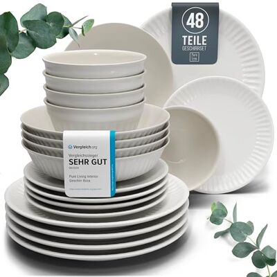 Steingut Geschirrset 12 Personen Hygge 48 tlg. TESTSIEGER, Traumhaftes Skandinavisches Steingut Geschirr Set, Schüssel- und Teller Set, Tafelservice 12 Personen, Geschirrsets Pure Living in Hellgrau Steingut Geschirrset 12 Personen Hygge 48 tlg. TESTSIEGER, Traumhaftes Skandinavisches Steingut Geschirr Set, Schüssel- und Teller Set, Tafelservice 12 Personen, Geschirrsets Pure Living in Hellgrau