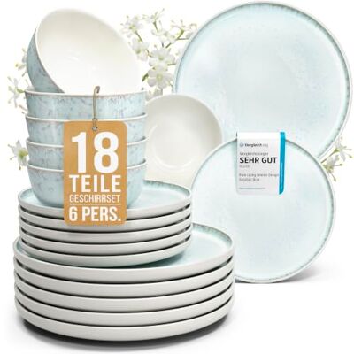 Steingut Geschirrset 6 Personen Ibiza 18 tlg. TESTSIEGER, Traumhaftes Mediterranes Steingut Geschirr Set, Schüssel- und Teller Set, Tafelservice 6 Personen, Geschirrsets Pure Living in Blau-Beige Steingut Geschirrset 6 Personen Ibiza 18 tlg. TESTSIEGER, Traumhaftes Mediterranes Steingut Geschirr Set, Schüssel- und Teller Set, Tafelservice 6 Personen, Geschirrsets Pure Living in Blau-Beige