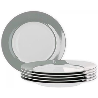 Van Well Vario Speiseteller-Set 6-teilig Tafel-Service für 6 Personen flache Ess-Teller mit Ø 26,5cm Porzellan-Service weiß mit Rand in Grau- Teller-Set mikrowellengeeignet Van Well Vario Speiseteller-Set 6-teilig Tafel-Service für 6 Personen flache Ess-Teller mit Ø 26,5cm Porzellan-Service weiß mit Rand in Grau- Teller-Set mikrowellengeeignet