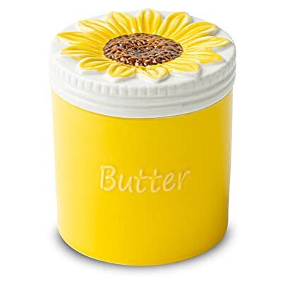 dgudgu Butterdose mit Sonnenblumen-Motiv, französische Butterdose, Keramikbecher, Butterhalter mit Wasserlinie, rutschfestes Design dgudgu Butterdose mit Sonnenblumen-Motiv, französische Butterdose, Keramikbecher, Butterhalter mit Wasserlinie, rutschfestes Design