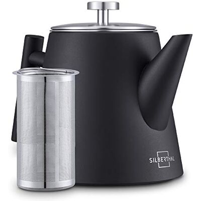 SILBERTHAL Teekanne Edelstahl 1 L Schwarz mit Teesieb, doppelwandig Hält den Aufguss bis zu 1 Stunde warm ohne Stövchen. Tropffreie Tülle, der Griff bleibt kühl SILBERTHAL Teekanne Edelstahl 1 L Schwarz mit Teesieb, doppelwandig Hält den Aufguss bis zu 1 Stunde warm ohne Stövchen. Tropffreie Tülle, der Griff bleibt kühl