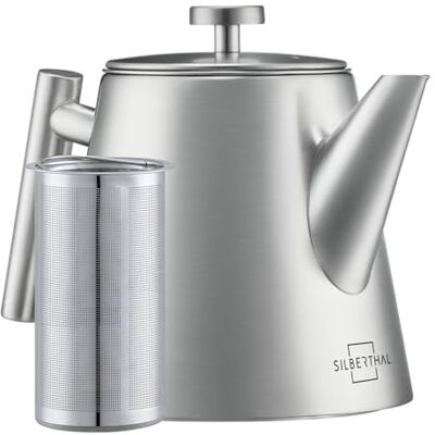 SILBERTHAL Teekanne Edelstahl 1 L Silber mit Teesieb, doppelwandig Hält den Aufguss bis zu 1 Stunde warm ohne Stövchen. Gebürstete Oberfläche, der Griff bleibt kühl SILBERTHAL Teekanne Edelstahl 1 L Silber mit Teesieb, doppelwandig Hält den Aufguss bis zu 1 Stunde warm ohne Stövchen. Gebürstete Oberfläche, der Griff bleibt kühl