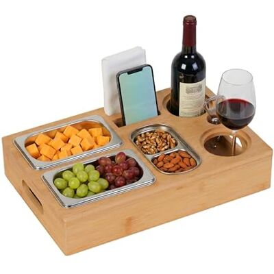 Relaxdays Couchbar, Bambus, 3 Edelstahlschale für Snacks, Halter für Flaschen, Gläser, Handy, Sofatablett, natur Relaxdays Couchbar, Bambus, 3 Edelstahlschale für Snacks, Halter für Flaschen, Gläser, Handy, Sofatablett, natur