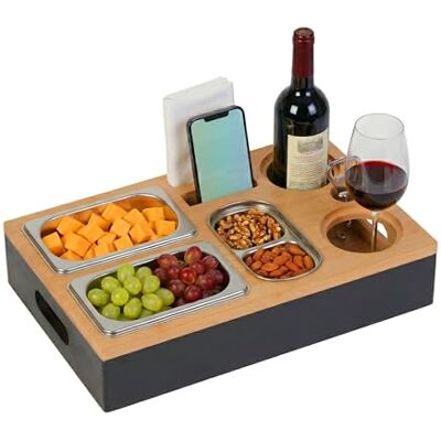 Relaxdays Couchbar, Bambus, 3 Edelstahlschale für Snacks, Halter für Flaschen, Gläser, Handy, Sofatablett, schwarz/natur Relaxdays Couchbar, Bambus, 3 Edelstahlschale für Snacks, Halter für Flaschen, Gläser, Handy, Sofatablett, schwarz/natur