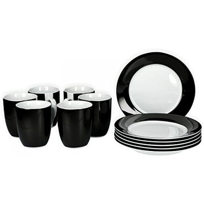 Van Well Vario Frühstücksset 12-teilig Kombi-Service 6 Personen Geschirr-Set Kaffee, Frühstück & Tafel je 6 kleine, flache Frühstücksteller & Kaffeebecher aus Porzellan Schwarz Van Well Vario Frühstücksset 12-teilig Kombi-Service 6 Personen Geschirr-Set Kaffee, Frühstück & Tafel je 6 kleine, flache Frühstücksteller & Kaffeebecher aus Porzellan Schwarz