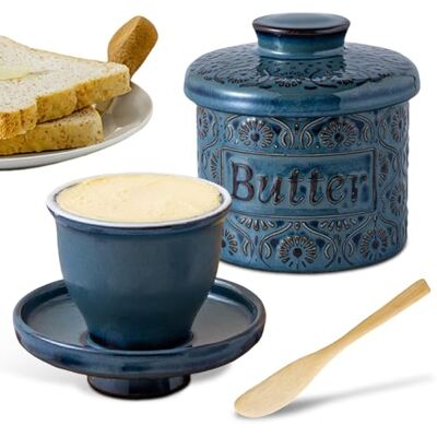GOMETY Französische Butterdose, Keramik Butterglocke mit Deckel und Buttermesser, Butterbehälter Wassergekühlt, Porzellan-Buttertopf mit Wasserlinie Vintage-Design für streichfähige Butter (Blau, L) GOMETY Französische Butterdose, Keramik Butterglocke mit Deckel und Buttermesser, Butterbehälter Wassergekühlt, Porzellan-Buttertopf mit Wasserlinie Vintage-Design für streichfähige Butter (Blau, L)